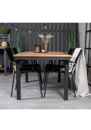 VENTURE DESIGN havest, m. Panama bord, m. udtrk og 4 Lindos stole - natur teak/sort alu/sort reb