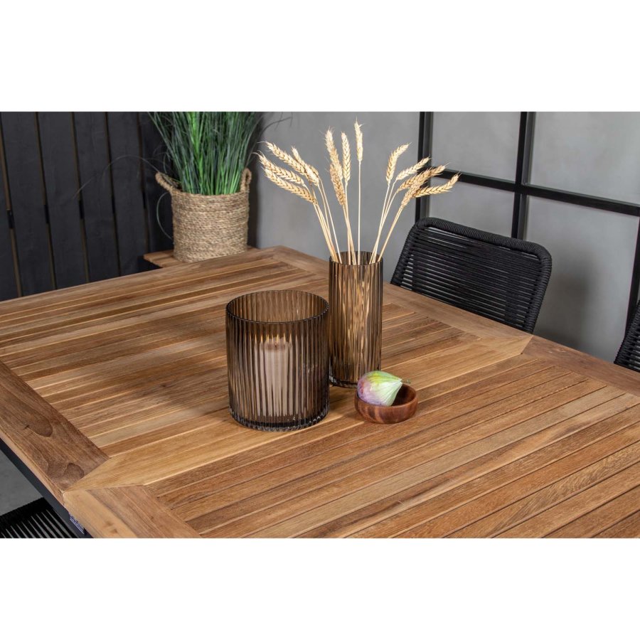 VENTURE DESIGN havest, m. Panama bord, m. udtrk og 4 Lindos stole - natur teak/sort alu/sort reb