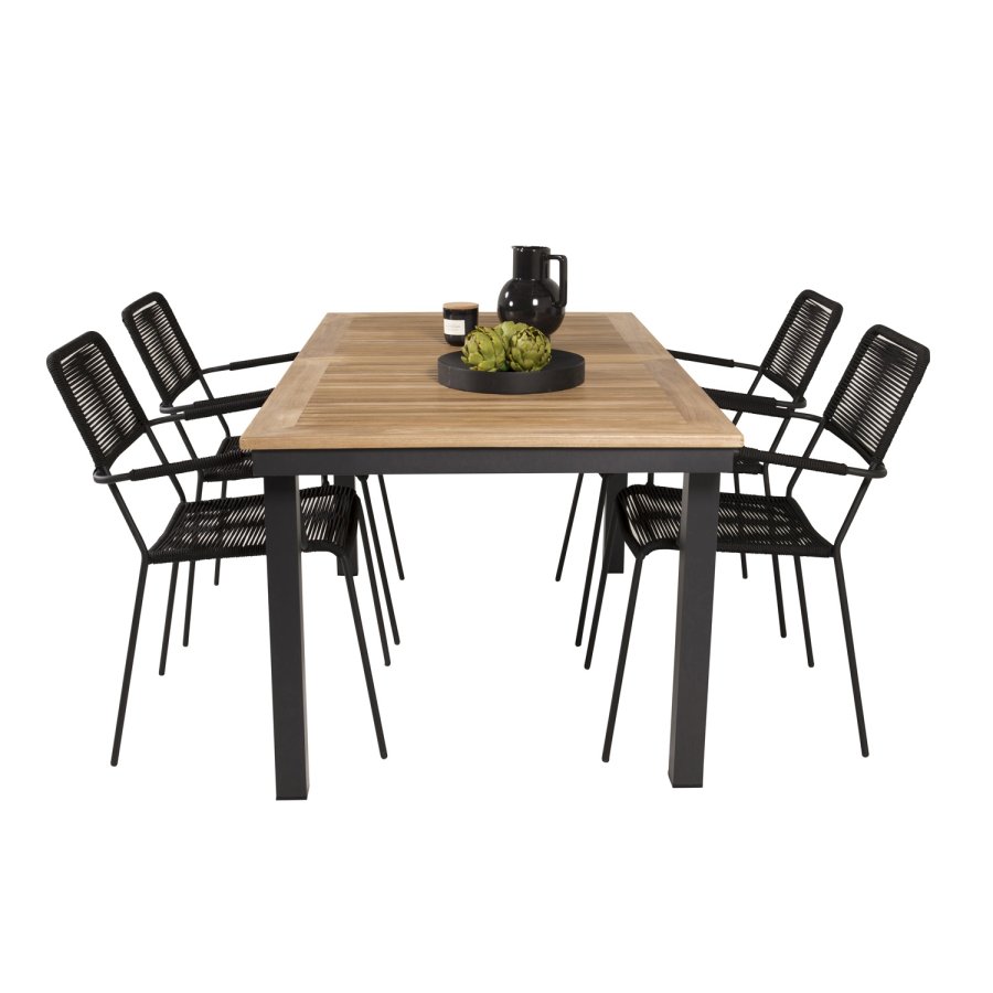 VENTURE DESIGN havest, m. Panama bord, m. udtrk og 4 Lindos stole - natur teak/sort alu/sort reb