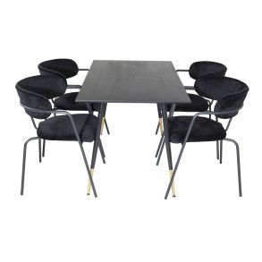 VENTURE DESIGN Dipp spisebordsst, m. 4 stole - sort finer/messing sort metal, sort fljl/sort metal