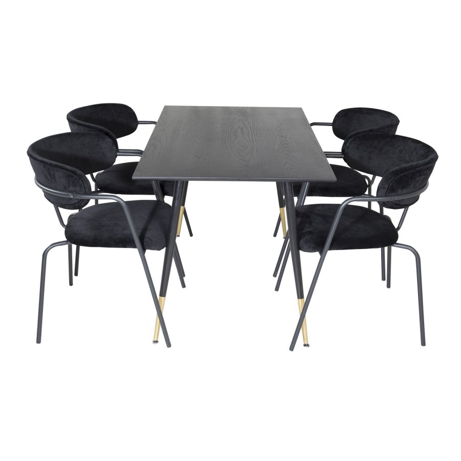 VENTURE DESIGN Dipp spisebordsst, m. 4 stole - sort finer/messing sort metal, sort fljl/sort metal
