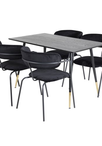 VENTURE DESIGN Dipp spisebordsst, m. 4 stole - sort finer/messing sort metal, sort fljl/sort metal
