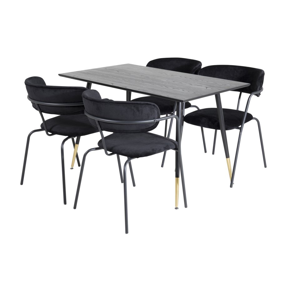 VENTURE DESIGN Dipp spisebordsst, m. 4 stole - sort finer/messing sort metal, sort fljl/sort metal