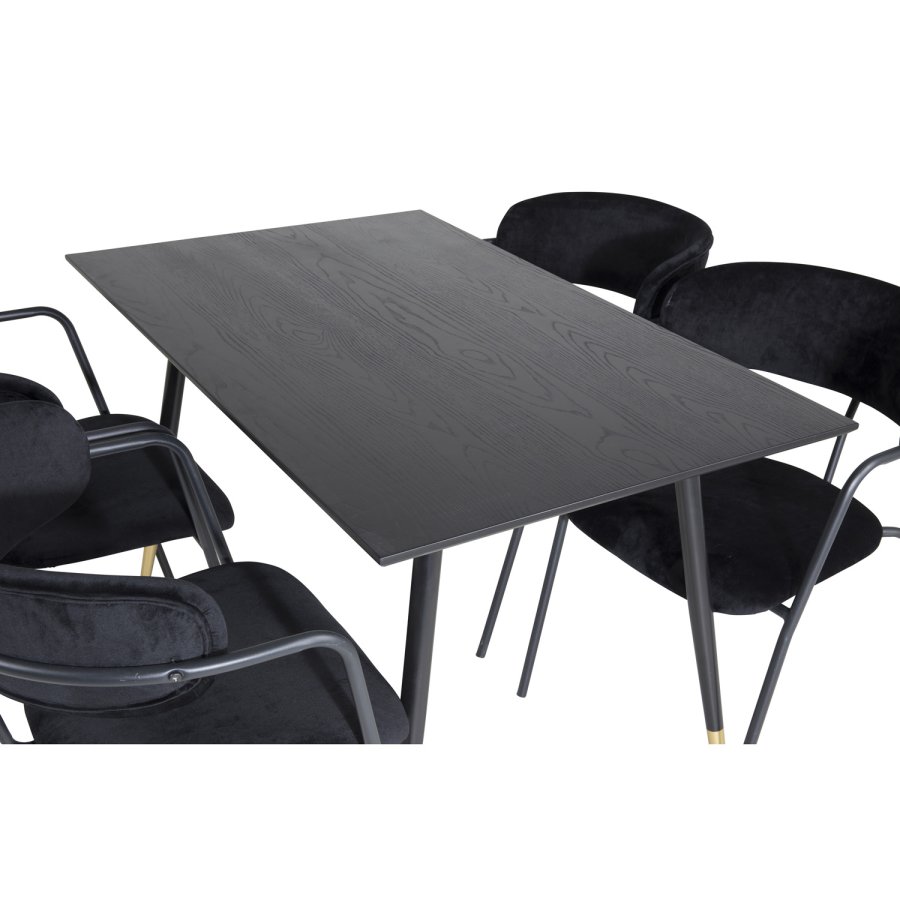 VENTURE DESIGN Dipp spisebordsst, m. 4 stole - sort finer/messing sort metal, sort fljl/sort metal