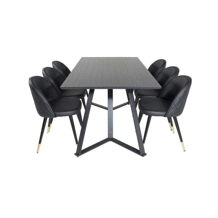 VENTURE DESIGN Marina spisebordsst, m. 6 stole - sort finer/sort metal, sort PU/messing sort metal