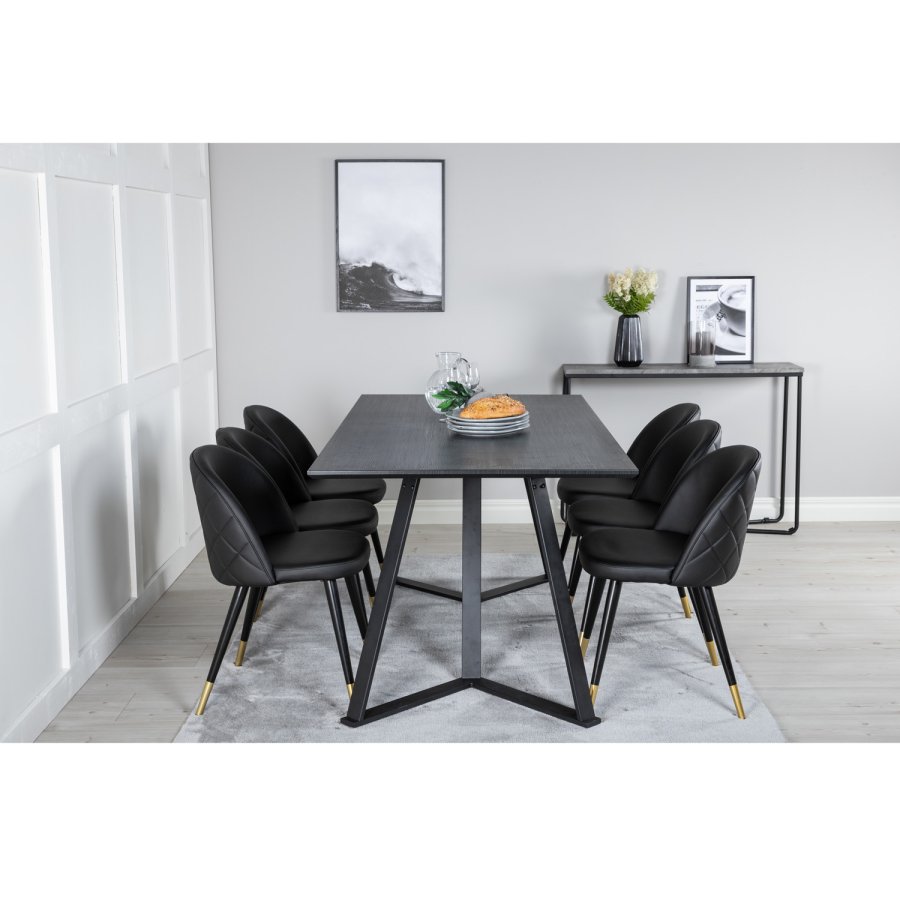 VENTURE DESIGN Marina spisebordsst, m. 6 stole - sort finer/sort metal, sort PU/messing sort metal