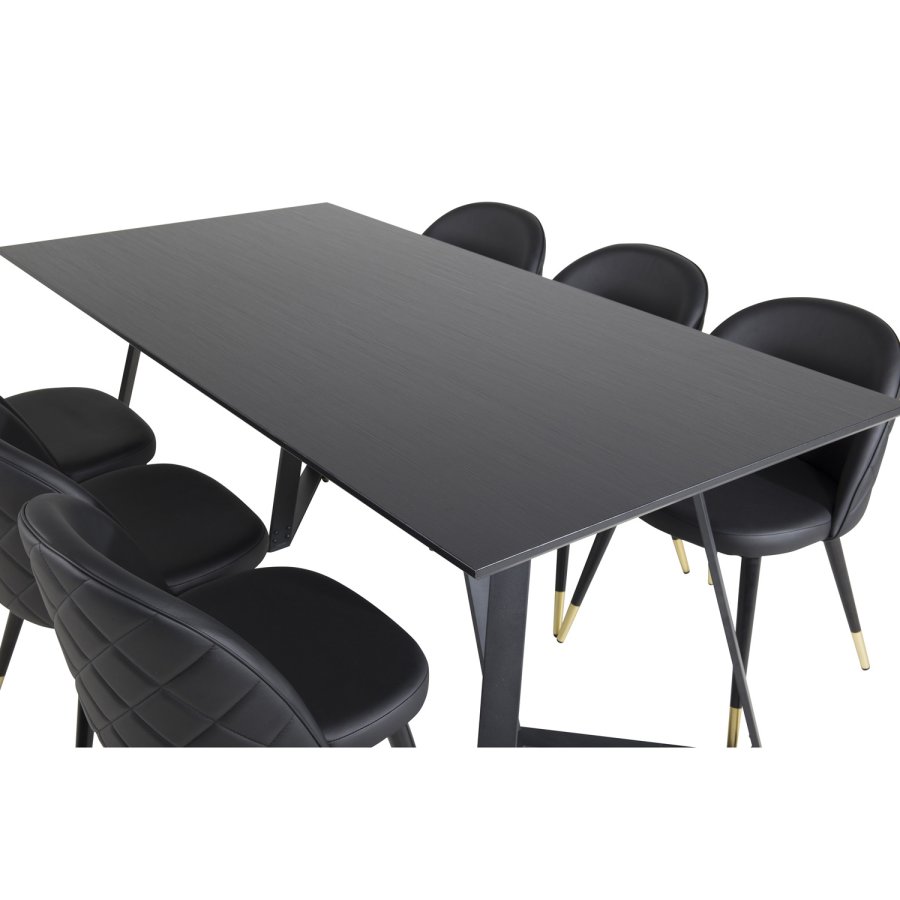 VENTURE DESIGN Marina spisebordsst, m. 6 stole - sort finer/sort metal, sort PU/messing sort metal