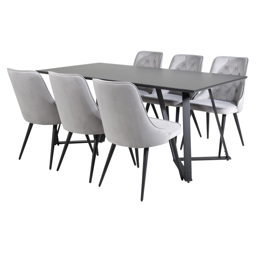 VENTURE DESIGN Marina spisebordsst, m. 6 stole - sort finer/sort metal og lysegr fljl/sort metal