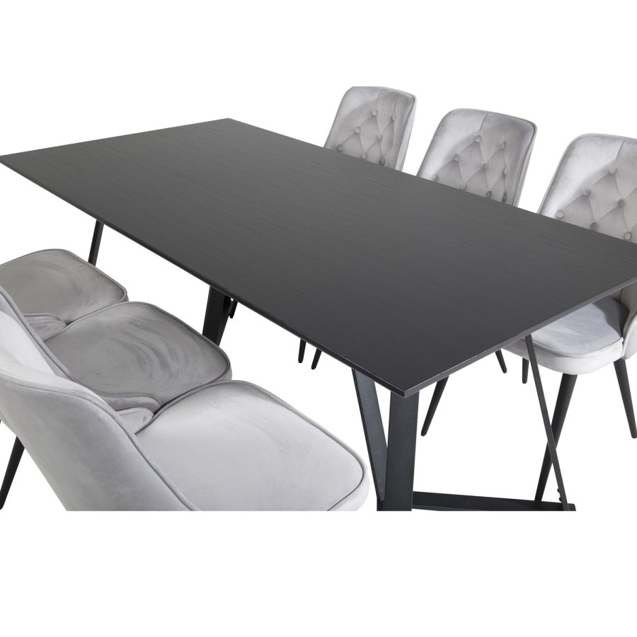 VENTURE DESIGN Marina spisebordsst, m. 6 stole - sort finer/sort metal og lysegr fljl/sort metal