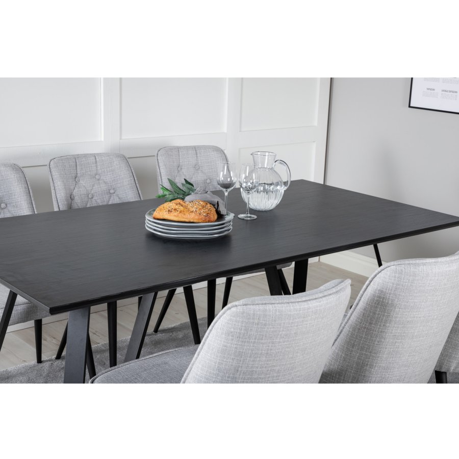 VENTURE DESIGN Marina spisebordsst, m. 6 stole - sort finer/sort metal og lysegr stof/sort metal
