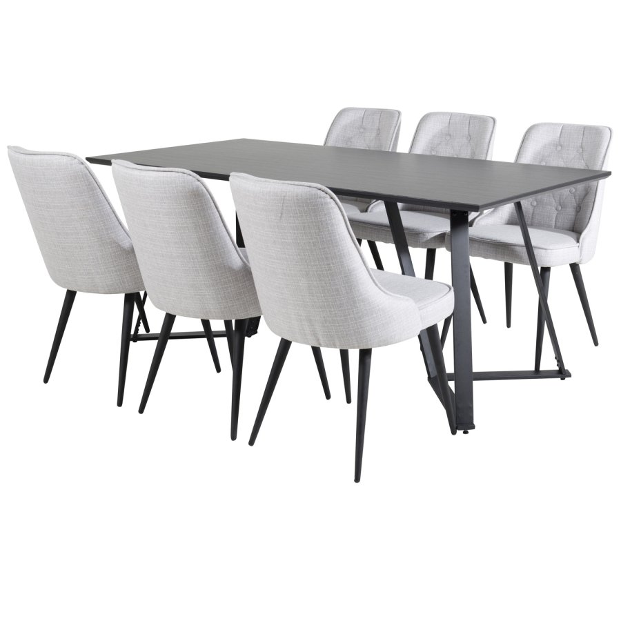 VENTURE DESIGN Marina spisebordsst, m. 6 stole - sort finer/sort metal og lysegr stof/sort metal