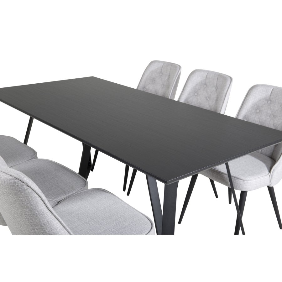 VENTURE DESIGN Marina spisebordsst, m. 6 stole - sort finer/sort metal og lysegr stof/sort metal