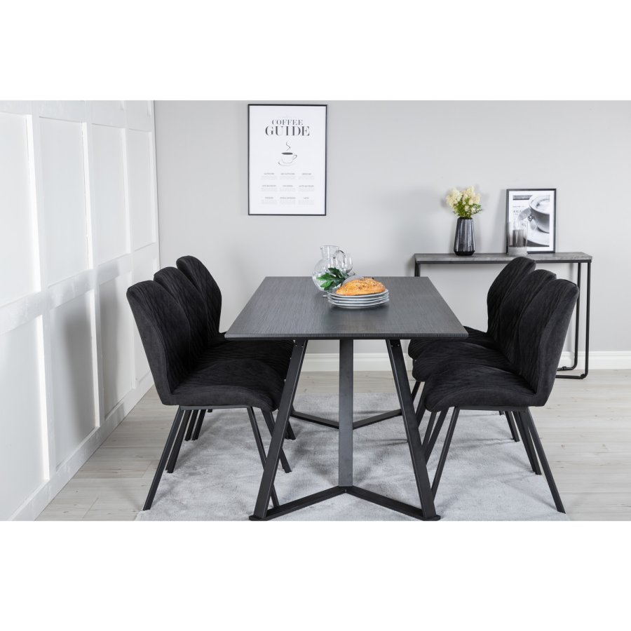 VENTURE DESIGN Marina spisebordsst, m. 6 stole - sort finer/sort metal og sort stof/sort metal