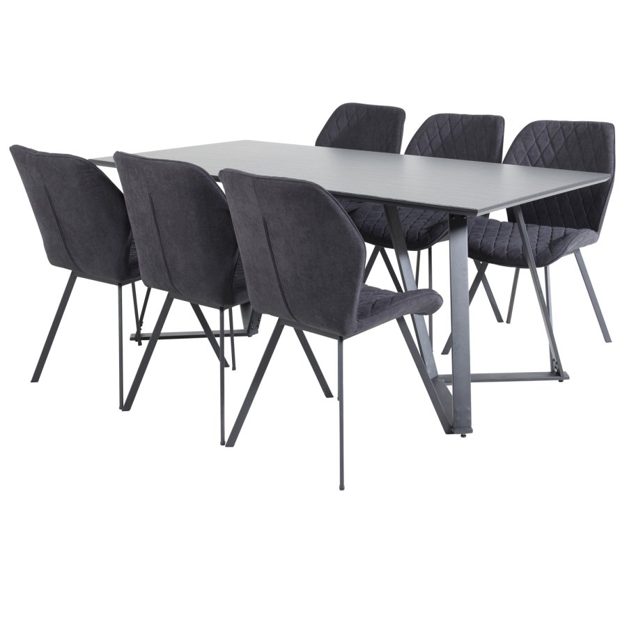 VENTURE DESIGN Marina spisebordsst, m. 6 stole - sort finer/sort metal og sort stof/sort metal