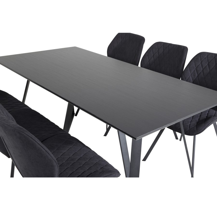 VENTURE DESIGN Marina spisebordsst, m. 6 stole - sort finer/sort metal og sort stof/sort metal