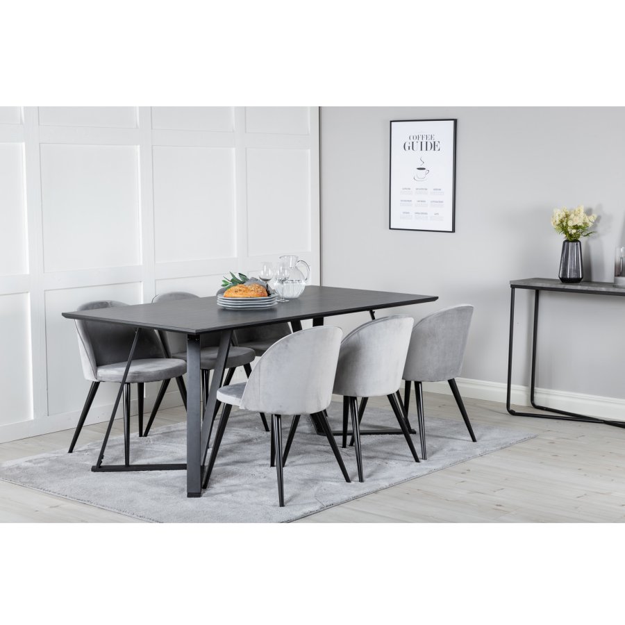 VENTURE DESIGN Marina spisebordsst, m. 6 stole - sort finer/sort metal og lysegr fljl/sort metal