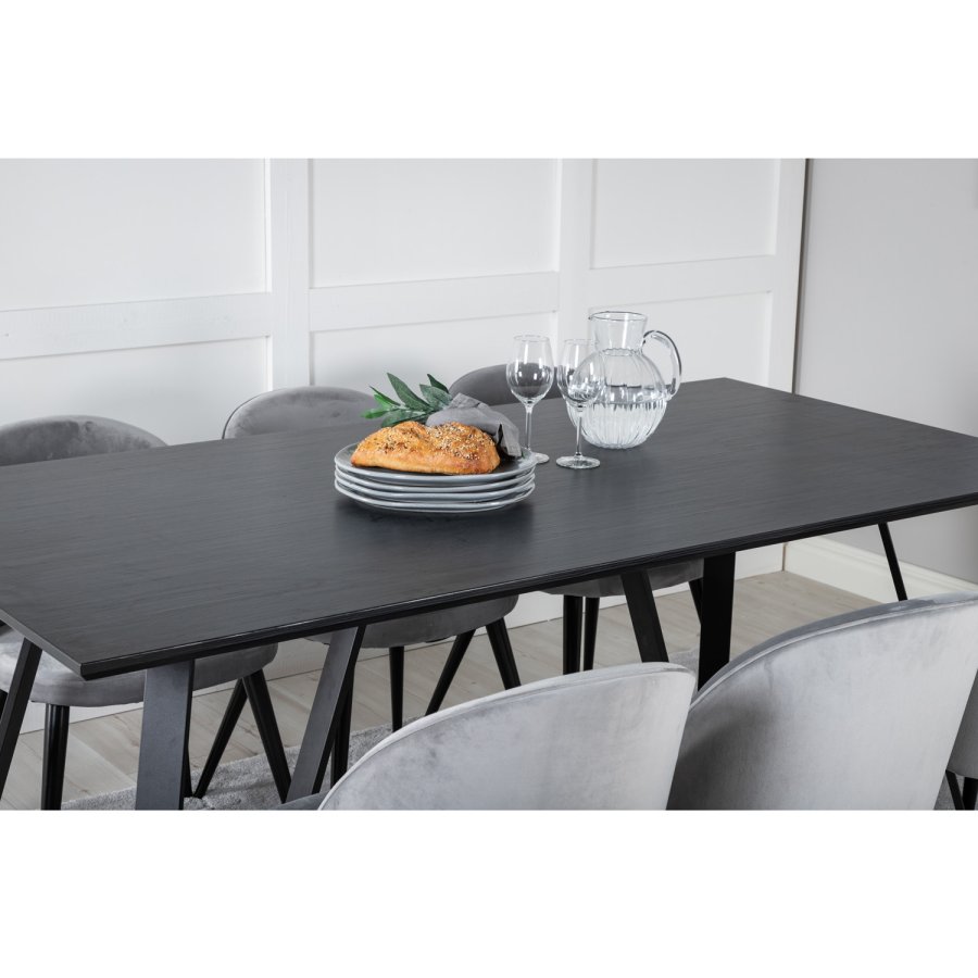 VENTURE DESIGN Marina spisebordsst, m. 6 stole - sort finer/sort metal og lysegr fljl/sort metal