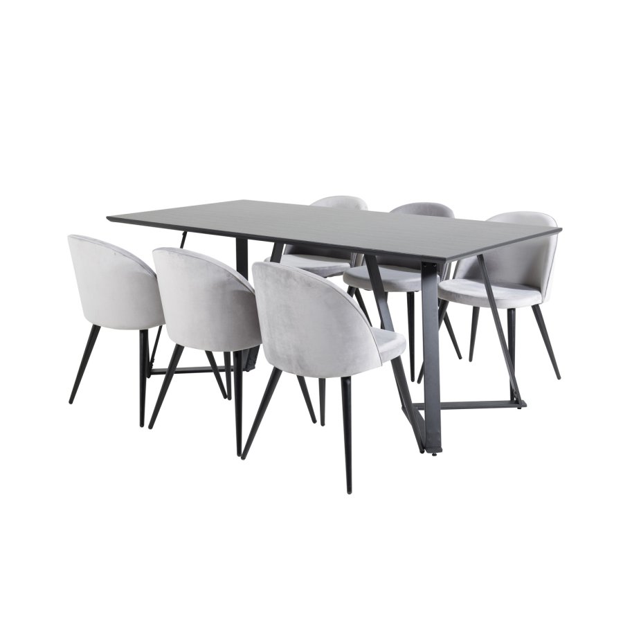 VENTURE DESIGN Marina spisebordsst, m. 6 stole - sort finer/sort metal og lysegr fljl/sort metal