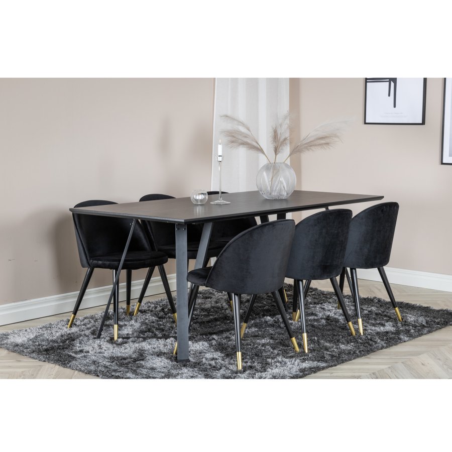 VENTURE DESIGN Marina spisebordsst, m. 6 stole - sort finer/sort metal og sort fljl/sort metal