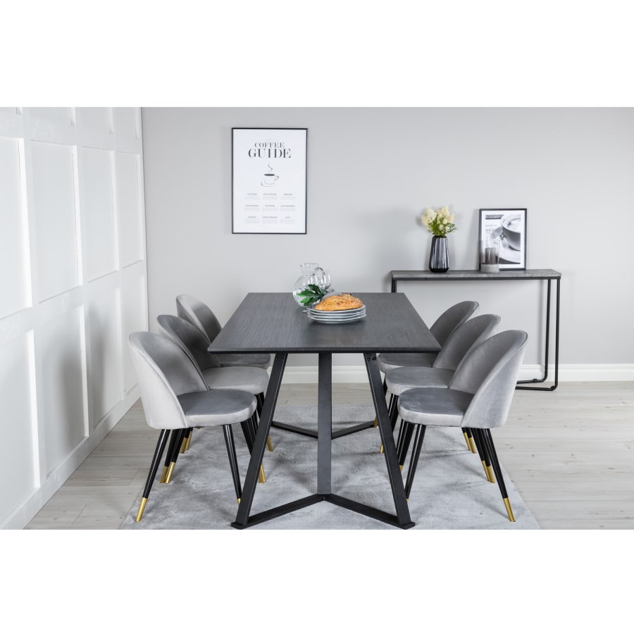 VENTURE DESIGN Marina spisebordsst, m. 6 stole - sort finer/sort metal og lysegr fljl/sort metal