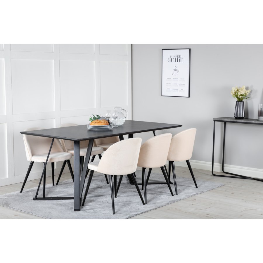 VENTURE DESIGN Marina spisebordsst, m. 6 stole - sort finer/sort metal og beige fljl/sort metal