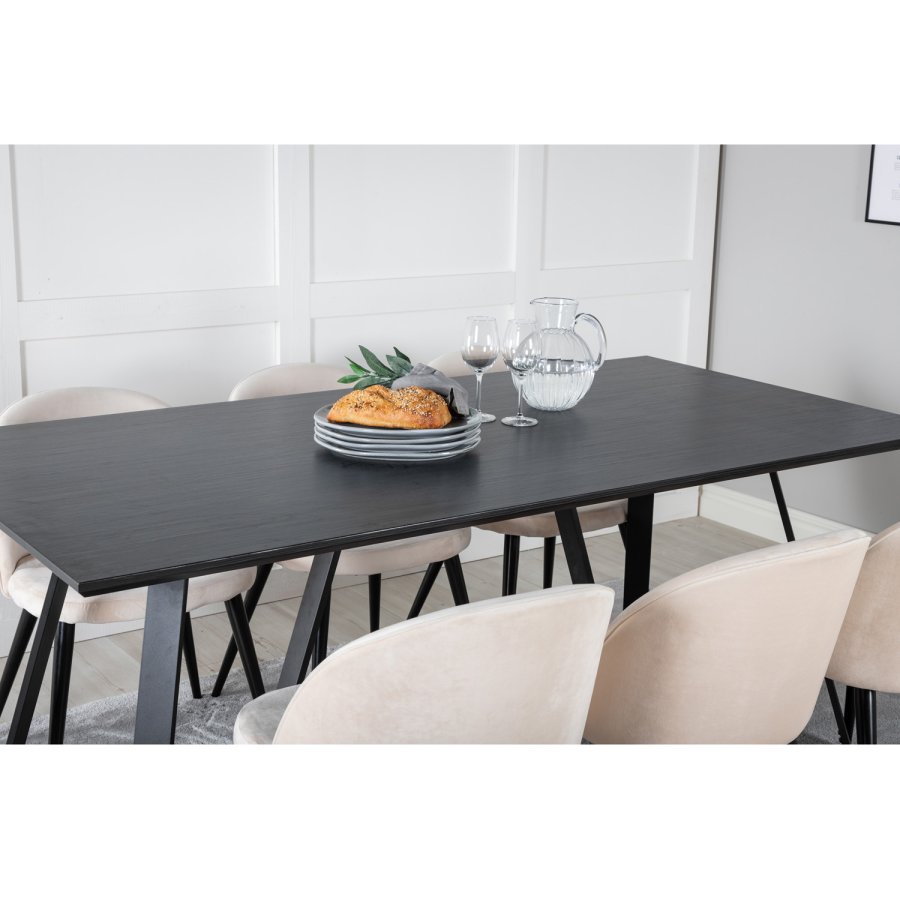 VENTURE DESIGN Marina spisebordsst, m. 6 stole - sort finer/sort metal og beige fljl/sort metal