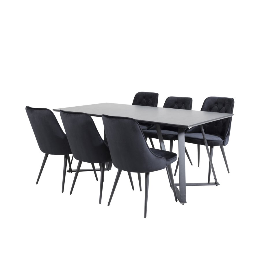 VENTURE DESIGN Marina spisebordsst, m. 6 stole - sort finer/sort metal og sort fljl/sort metal