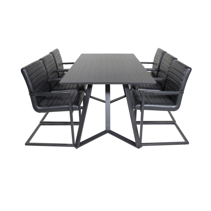 VENTURE DESIGN Marina spisebordsst, m. 6 stole - sort finer/sort metal og sort PU/sort metal