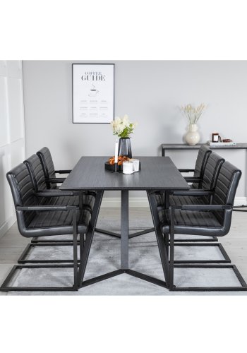VENTURE DESIGN Marina spisebordsst, m. 6 stole - sort finer/sort metal og sort PU/sort metal