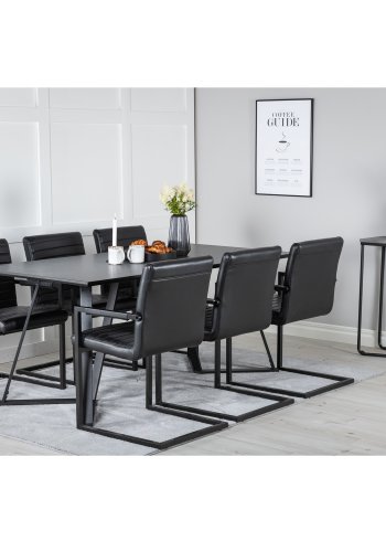 VENTURE DESIGN Marina spisebordsst, m. 6 stole - sort finer/sort metal og sort PU/sort metal