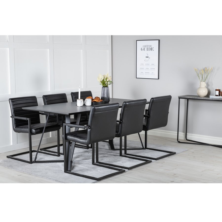 VENTURE DESIGN Marina spisebordsst, m. 6 stole - sort finer/sort metal og sort PU/sort metal