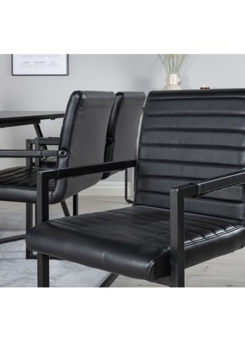 VENTURE DESIGN Marina spisebordsst, m. 6 stole - sort finer/sort metal og sort PU/sort metal