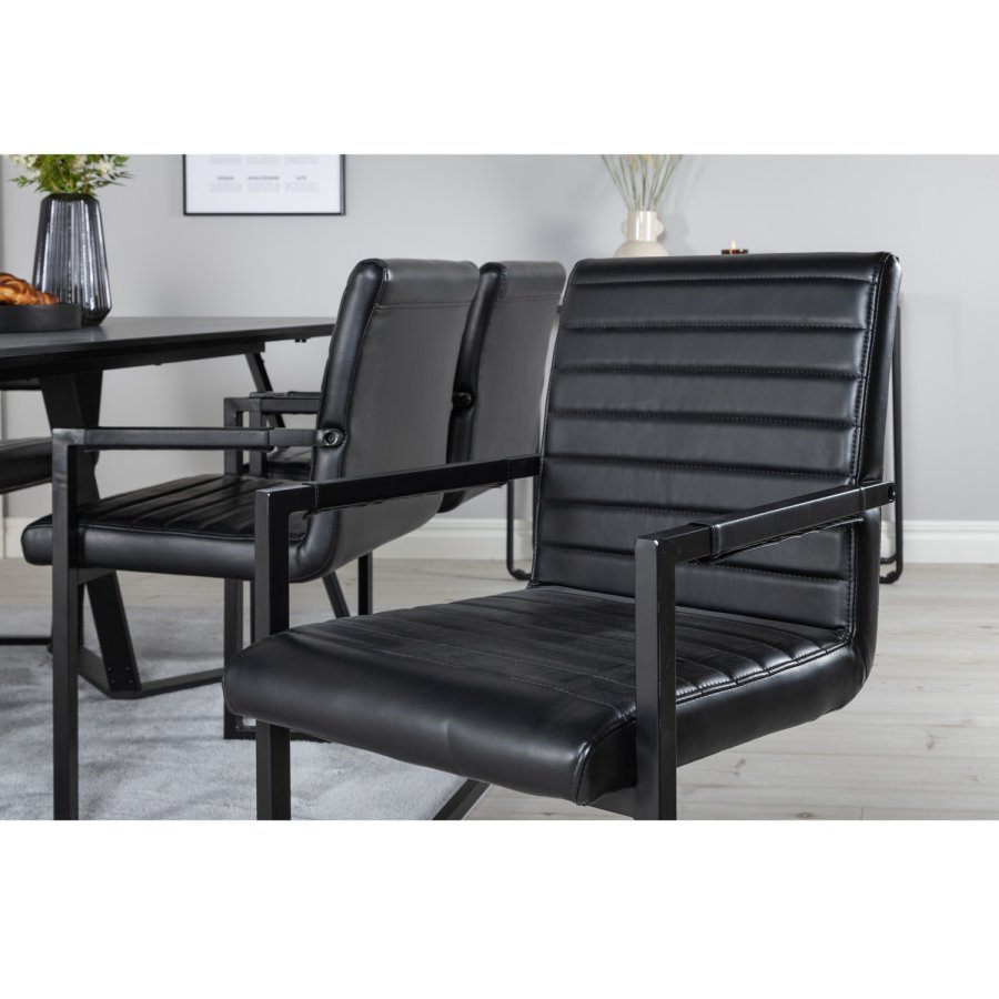 VENTURE DESIGN Marina spisebordsst, m. 6 stole - sort finer/sort metal og sort PU/sort metal