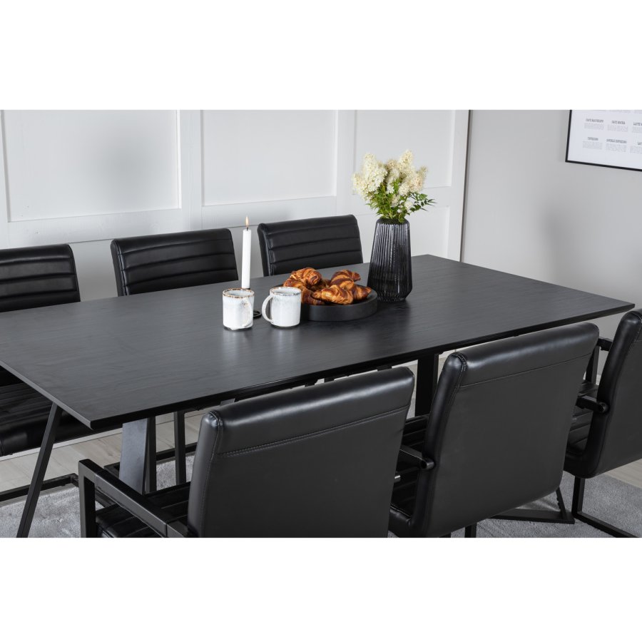 VENTURE DESIGN Marina spisebordsst, m. 6 stole - sort finer/sort metal og sort PU/sort metal