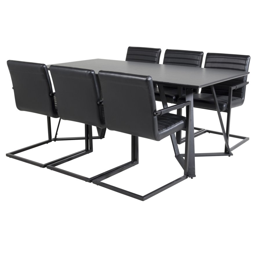 VENTURE DESIGN Marina spisebordsst, m. 6 stole - sort finer/sort metal og sort PU/sort metal