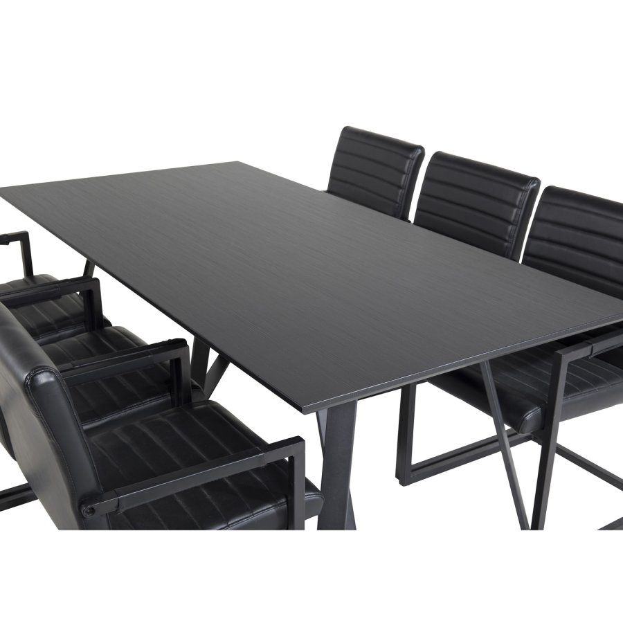VENTURE DESIGN Marina spisebordsst, m. 6 stole - sort finer/sort metal og sort PU/sort metal