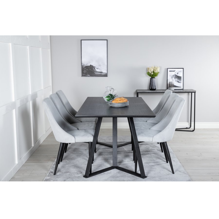VENTURE DESIGN Marina spisebordsst, m. 6 stole - sort finer/sort metal og gr stof/sort metal