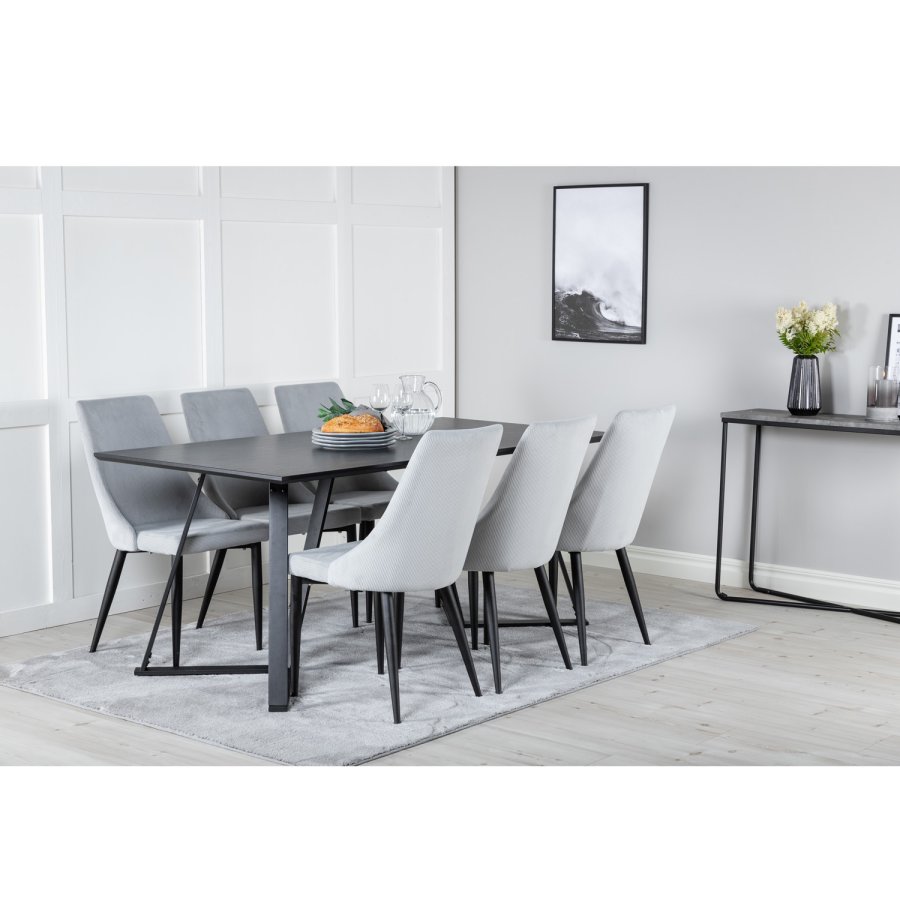 VENTURE DESIGN Marina spisebordsst, m. 6 stole - sort finer/sort metal og gr stof/sort metal
