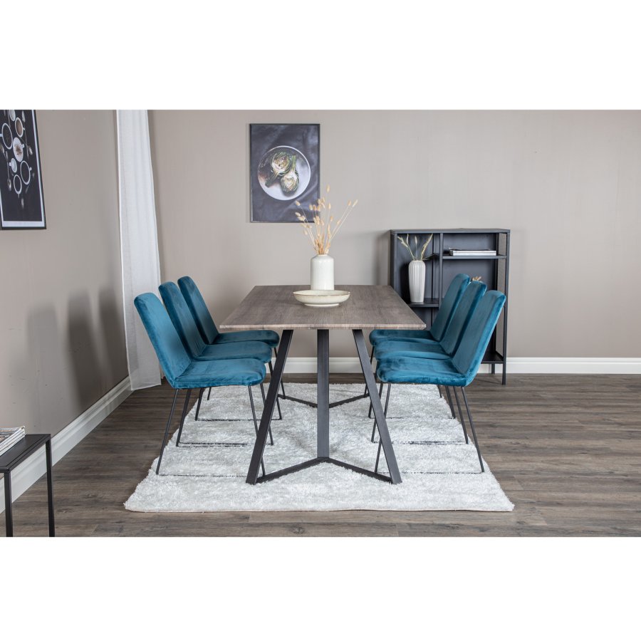 VENTURE DESIGN Marina spisebordsst, m. 6 stole - gr finer/sort metal og bl fljl/sort metal