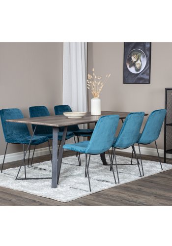VENTURE DESIGN Marina spisebordsst, m. 6 stole - gr finer/sort metal og bl fljl/sort metal