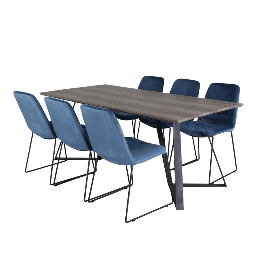 VENTURE DESIGN Marina spisebordsst, m. 6 stole - gr finer/sort metal og bl fljl/sort metal