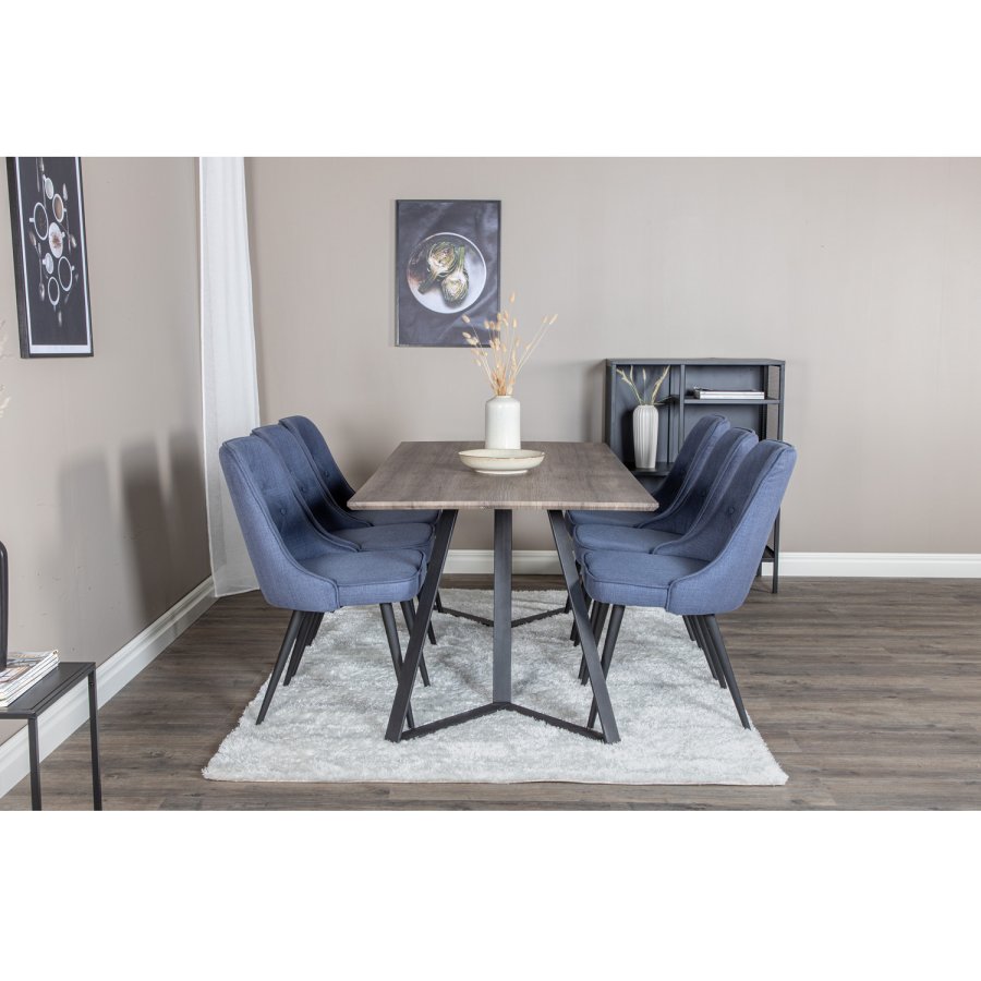 VENTURE DESIGN Marina spisebordsst, m. 6 stole - gr finer/sort metal og bl stof/sort metal