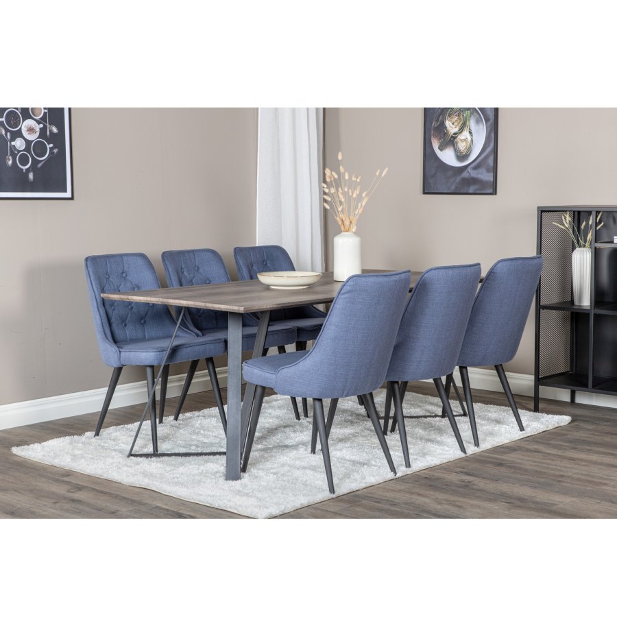 VENTURE DESIGN Marina spisebordsst, m. 6 stole - gr finer/sort metal og bl stof/sort metal