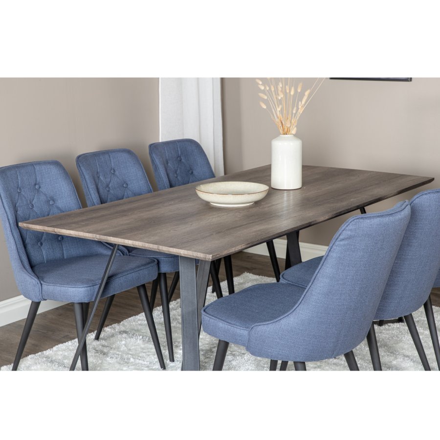 VENTURE DESIGN Marina spisebordsst, m. 6 stole - gr finer/sort metal og bl stof/sort metal