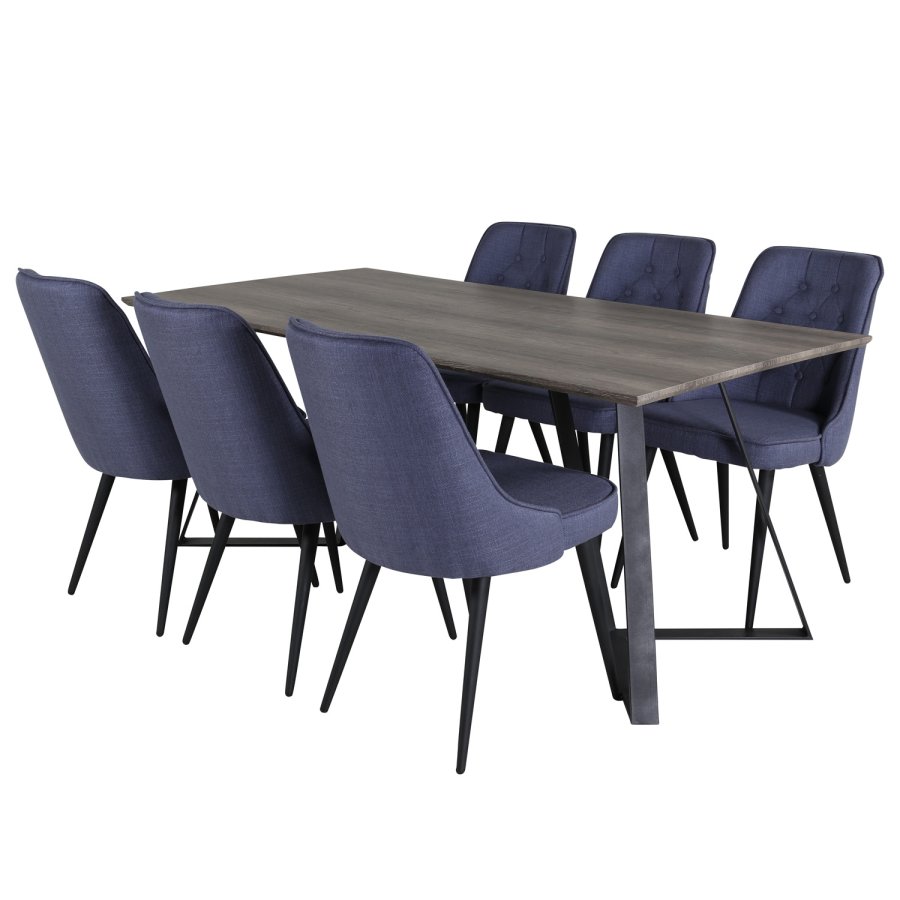 VENTURE DESIGN Marina spisebordsst, m. 6 stole - gr finer/sort metal og bl stof/sort metal