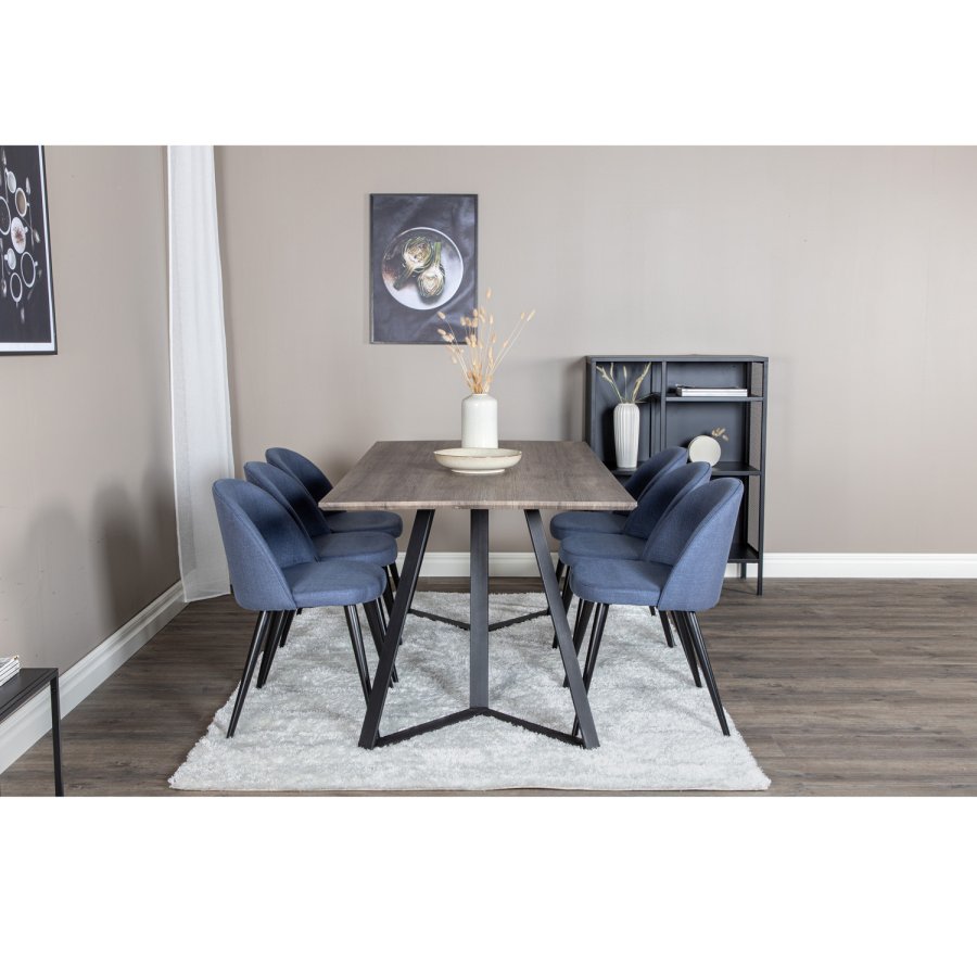 VENTURE DESIGN Marina spisebordsst, m. 6 stole - gr finer/sort metal og bl stof/sort metal