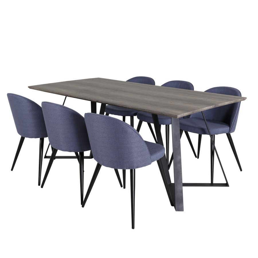 VENTURE DESIGN Marina spisebordsst, m. 6 stole - gr finer/sort metal og bl stof/sort metal