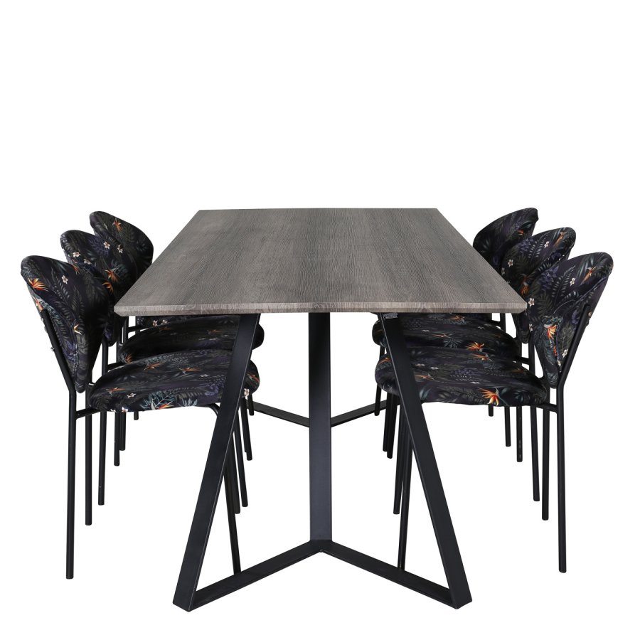 VENTURE DESIGN Marina spisebordsst, m. 6 stole - gr finer/sort metal og multi stof/sort metal