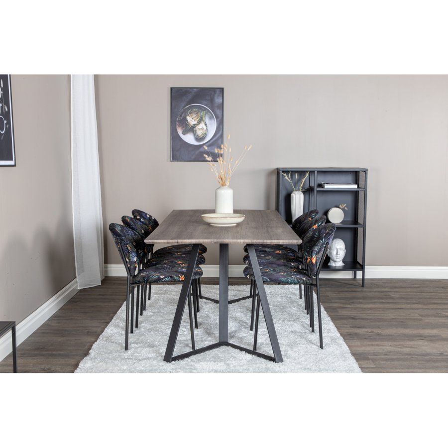 VENTURE DESIGN Marina spisebordsst, m. 6 stole - gr finer/sort metal og multi stof/sort metal