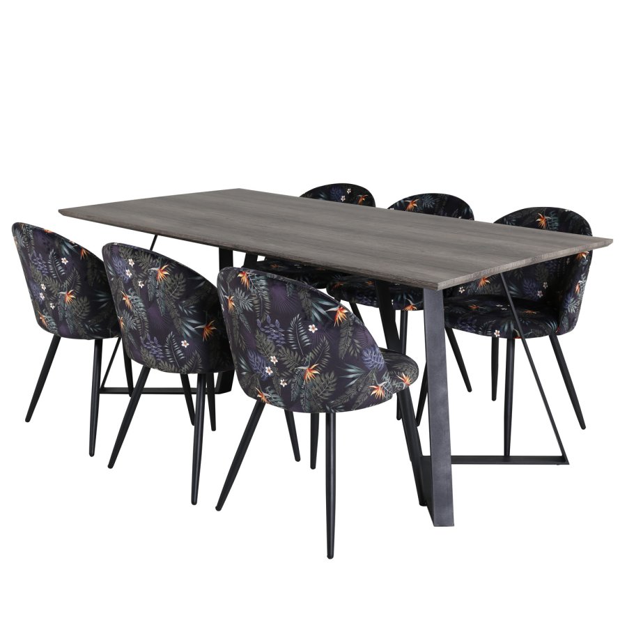 VENTURE DESIGN Marina spisebordsst, m. 6 stole - gr finer/sort metal og multi stof/sort metal